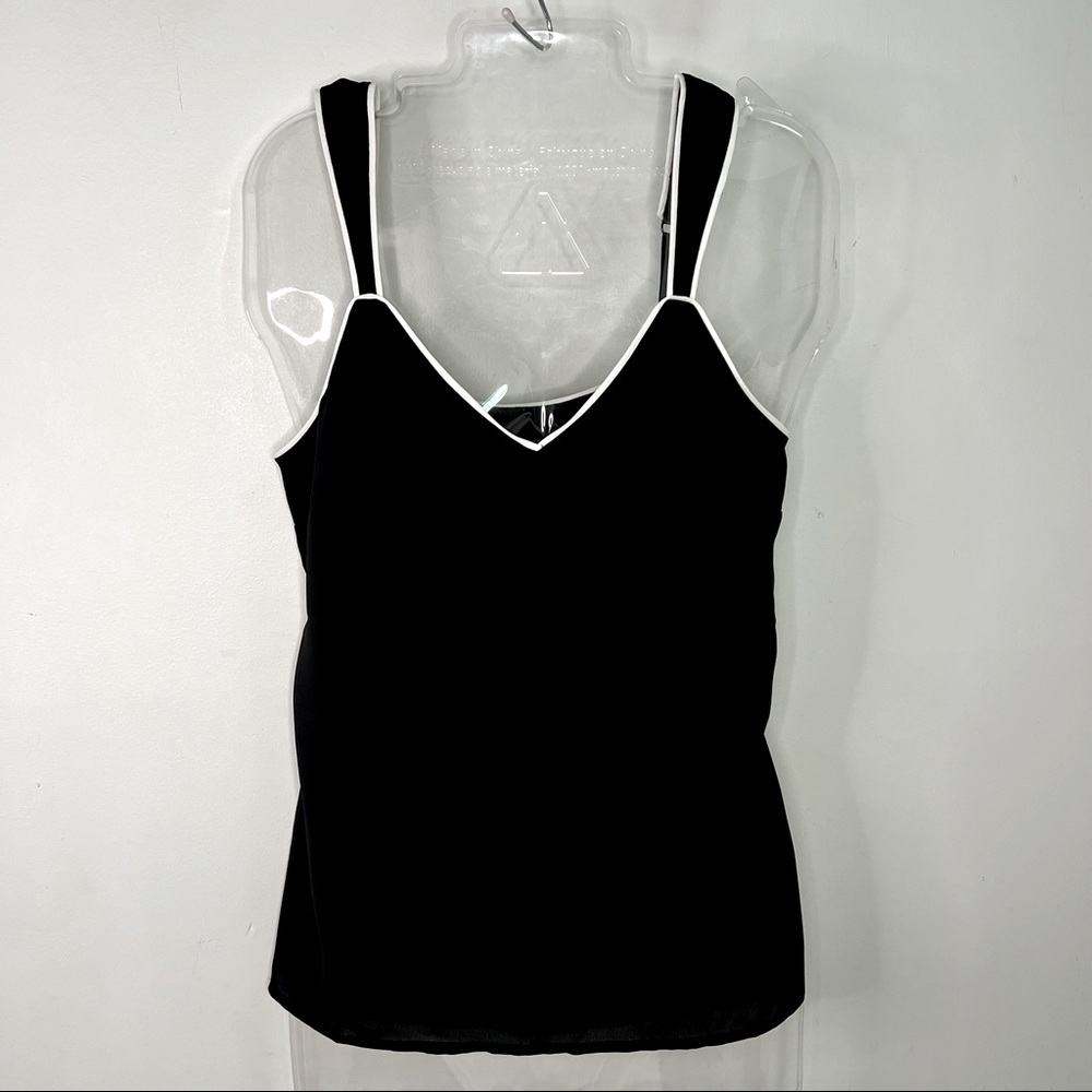 NEW Le Chateau Black Tank Size XXS Crêpe de Chine Sleeveless Blouse White Trim